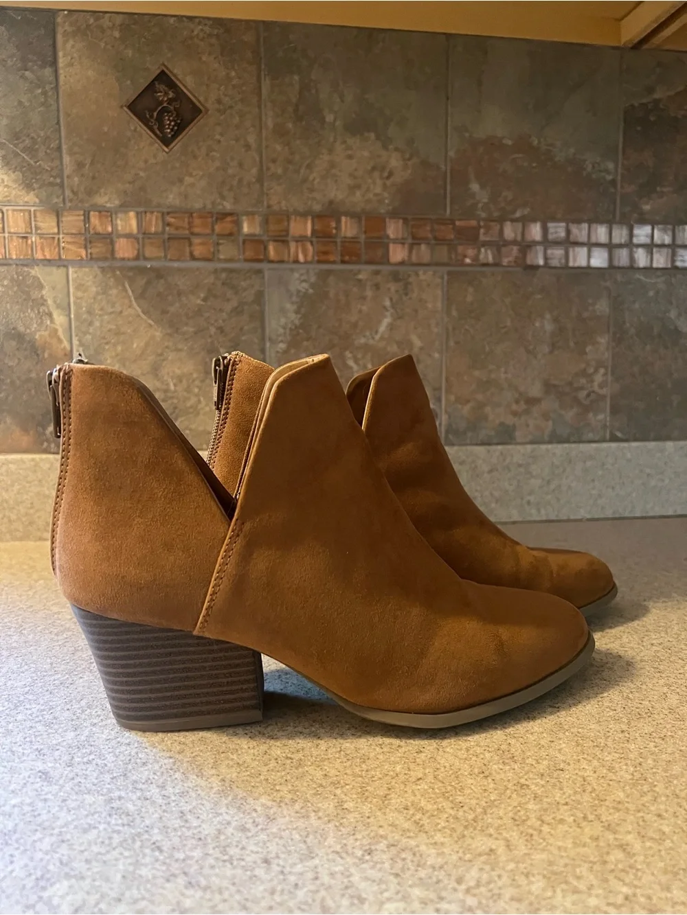 Women’s Tan Suede Ankle Booties with Low Block Heel…Size 7.5